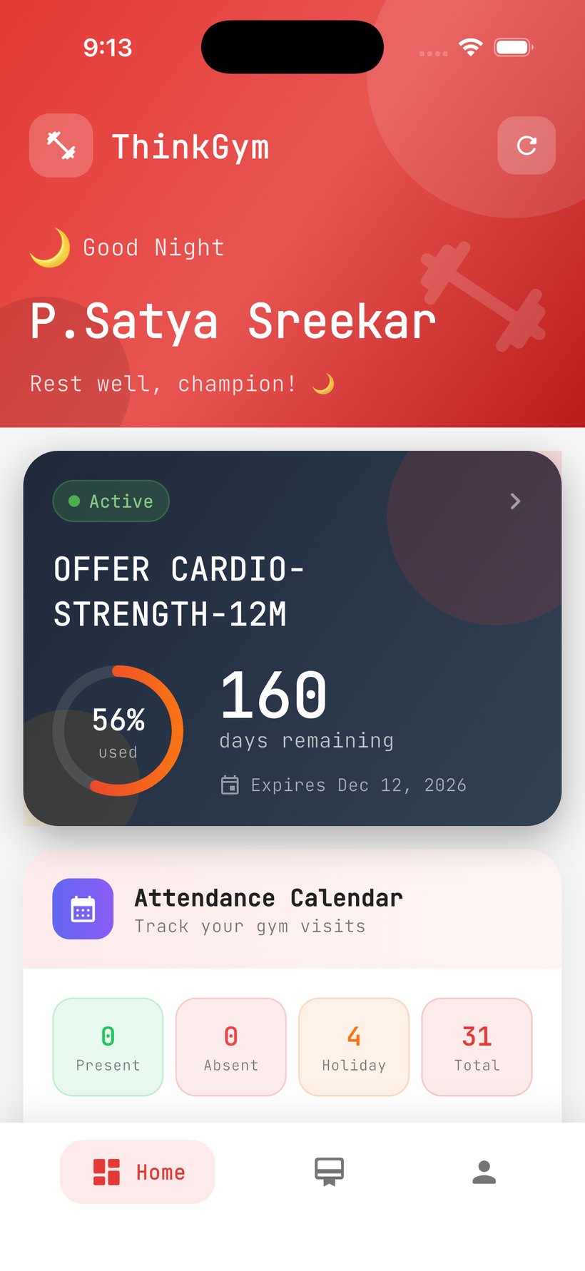 ThinkGym member home screen